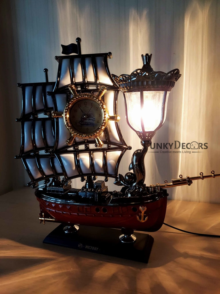 Funkytradition Vintage Pirates Ship Table Lamp With Alarm Clock For Christmas Anniversary Birthday