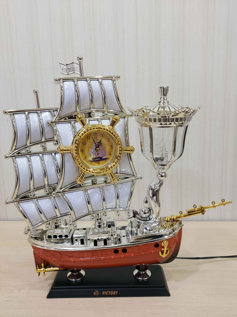 Funkytradition Vintage Pirates Ship Table Lamp With Alarm Clock For Christmas Anniversary Birthday