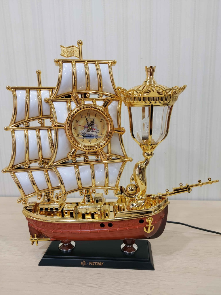 Funkytradition Vintage Pirates Ship Table Lamp With Alarm Clock For Christmas Anniversary Birthday