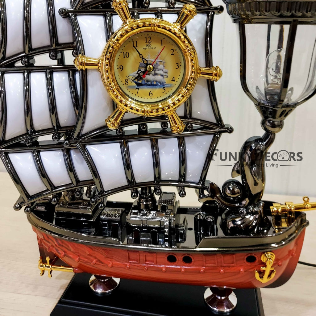 Funkytradition Vintage Pirates Ship Table Lamp With Alarm Clock For Christmas Anniversary Birthday