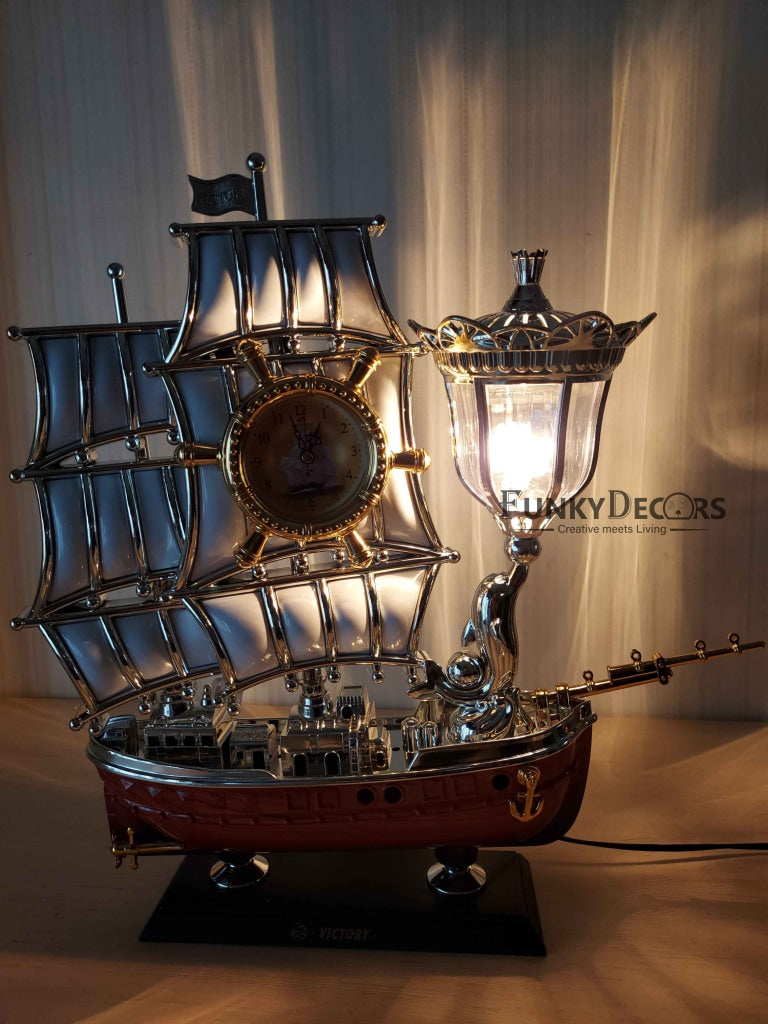 Funkytradition Vintage Pirates Ship Table Lamp With Alarm Clock For Christmas Anniversary Birthday