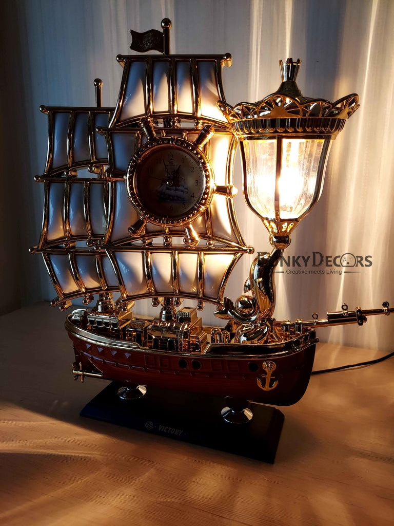 Funkytradition Vintage Pirates Ship Table Lamp With Alarm Clock For Christmas Anniversary Birthday