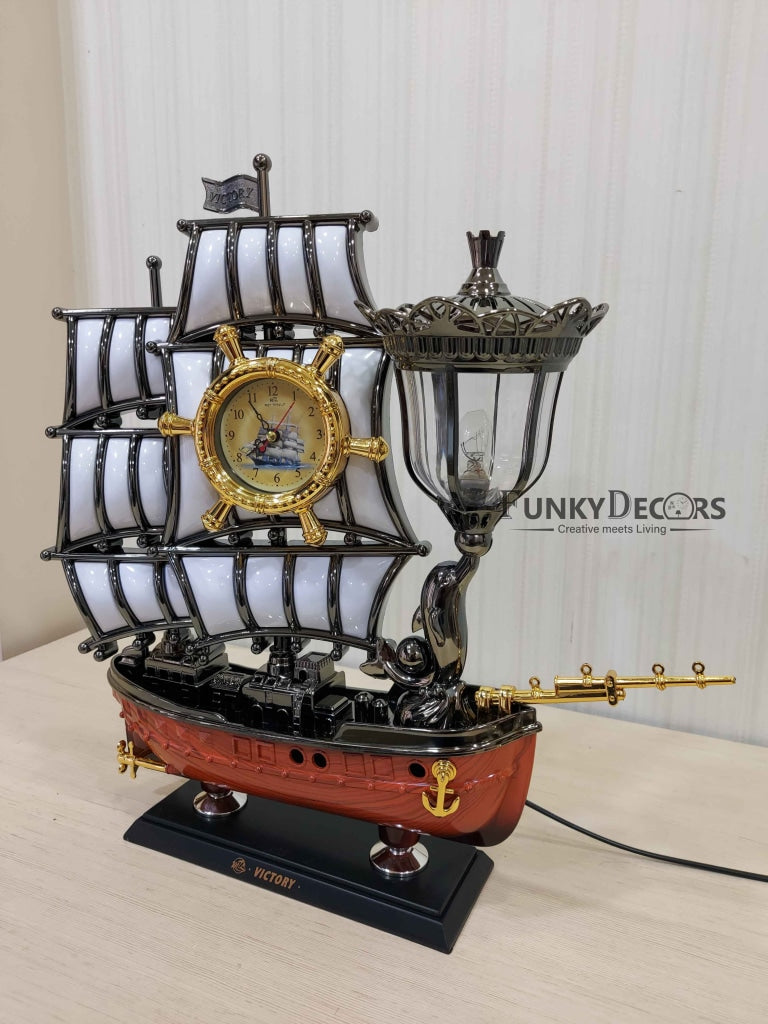Funkytradition Vintage Pirates Ship Table Lamp With Alarm Clock For Christmas Anniversary Birthday