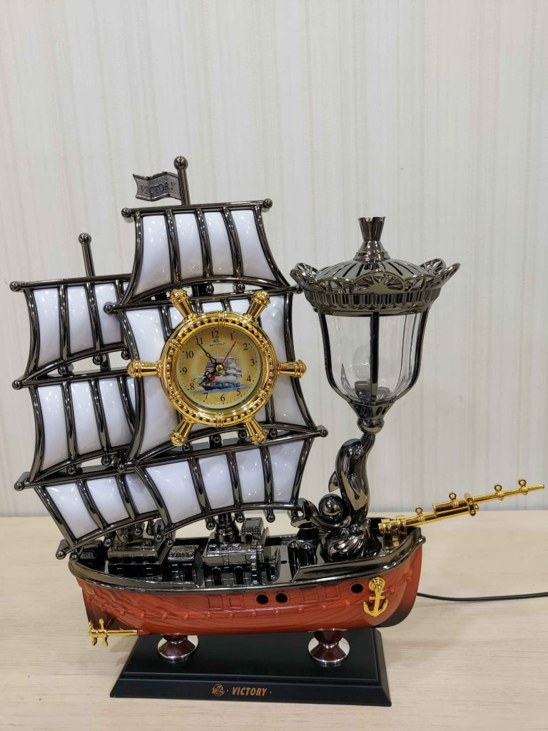 Funkytradition Vintage Pirates Ship Table Lamp With Alarm Clock For Christmas Anniversary Birthday