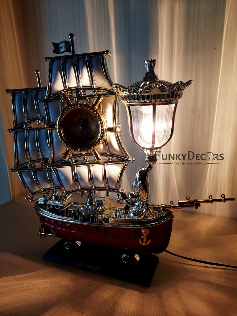 Funkytradition Vintage Pirates Ship Table Lamp With Alarm Clock For Christmas Anniversary Birthday