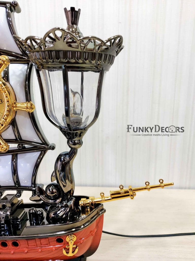 Funkytradition Vintage Pirates Ship Table Lamp With Alarm Clock For Christmas Anniversary Birthday