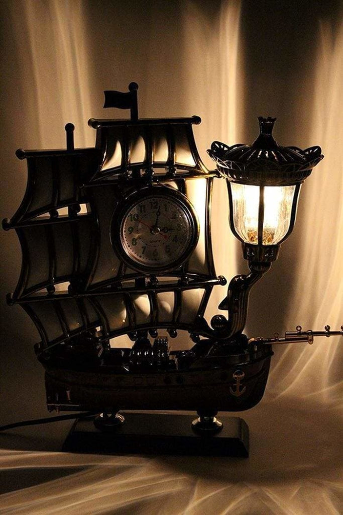 FunkyTradition White Metallic Gold Vintage Pirates Ship Table Lamp with Alarm Clock for Christmas, Anniversary, Birthday Gift, Home and Office Decor Table Lamps FunkyTradition