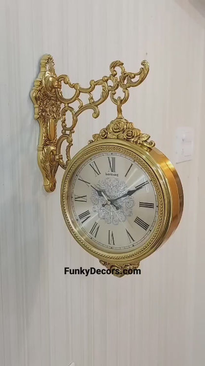 FunkyTradition Royal Antique-Look Gold Round Wall Hanging Double Sided 2 Faces Retro Station Wall Clock
