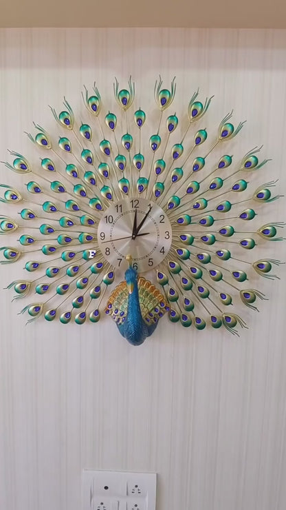 FunkyTradition 3D Multicolor Peacock Feather Open Wall Clock, Wall Watch, Wall Decor for Home Office Decor and Gifts 70 CM Tall
