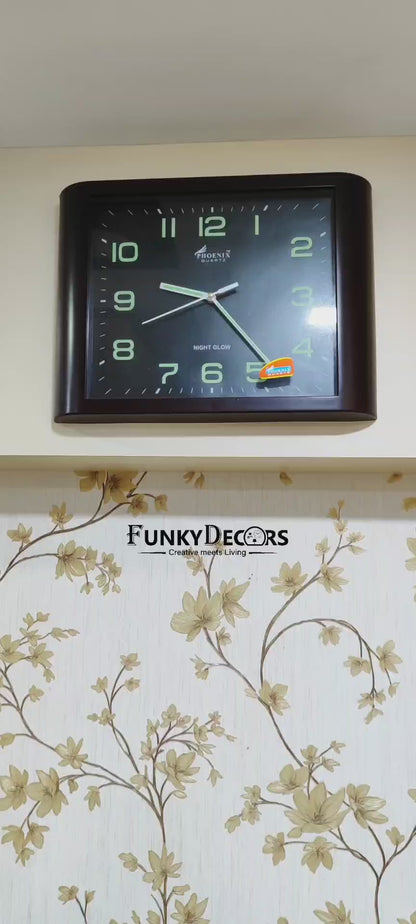 FunkyTradition Classic Wooden Design Brown Radium Square Wall Clock, Wall Watch, Wall Decor for Home Office Decor and Gifts 28 CM Tall