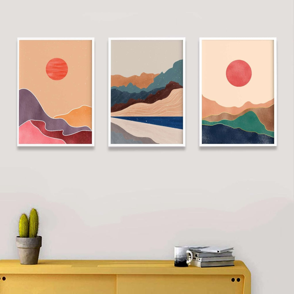 Rising Sun - Abstract 3 Panels Art Frame For Wall Decor- Funkydecors Xs / White Posters Prints &
