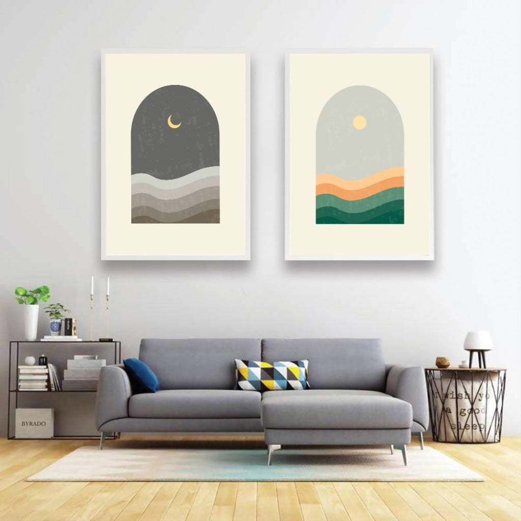 Sun And Moon - Minimal 2 Panels Art Frame For Wall Decor- Funkydecors Xs / White Posters Prints &