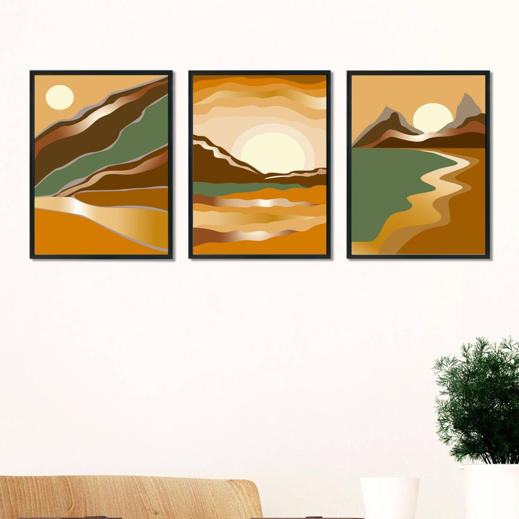 Sunrise - Abstract 3 Panels Art Frame For Wall Decor- Funkydecors Xs / Black Posters Prints & Visual