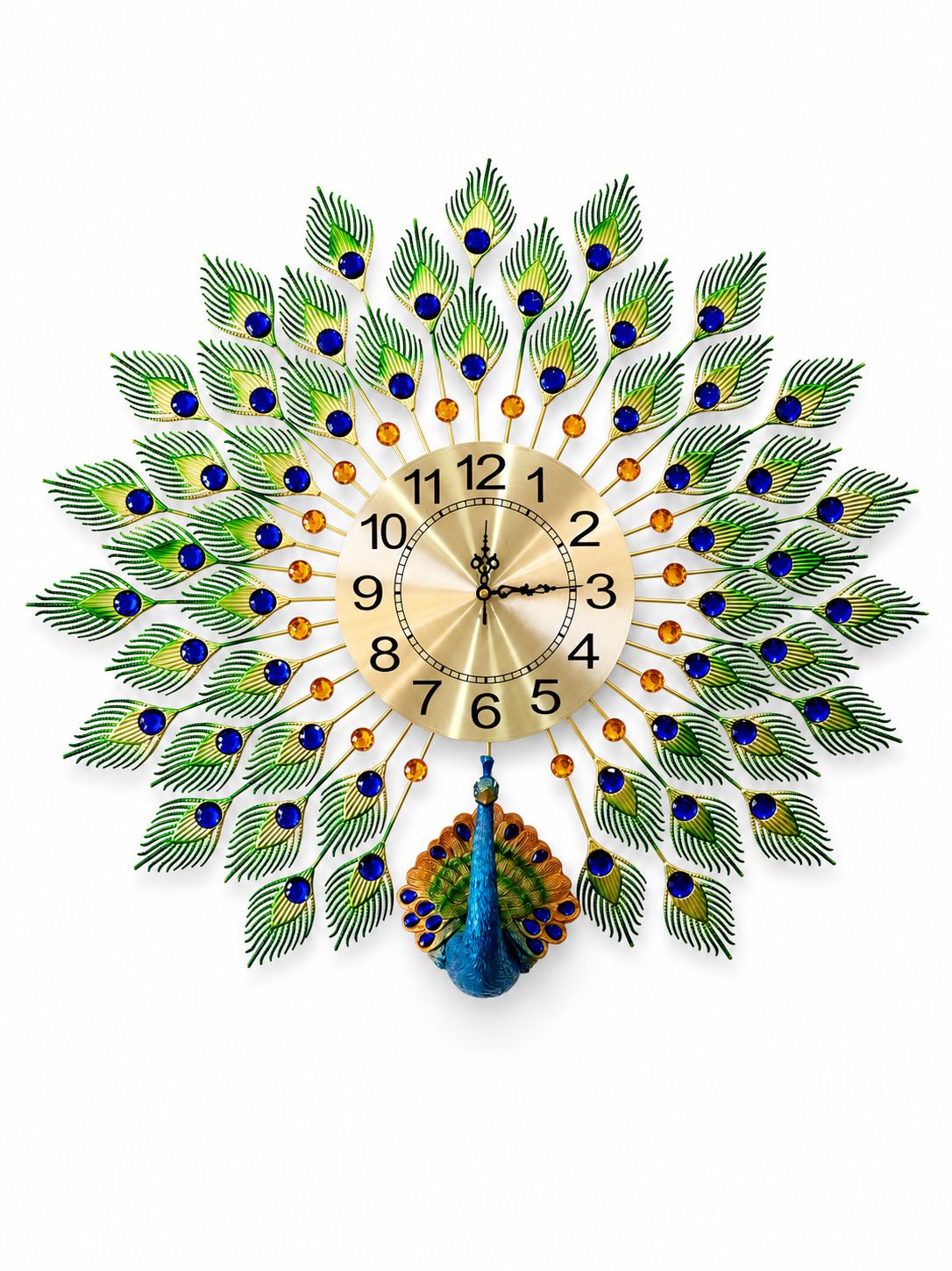 Decorative peacock feather wall clock in a living room setting.