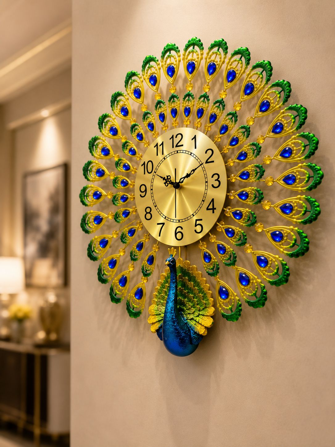 Side angle view of luxury peacock wall clock showcasing layered metal feather design