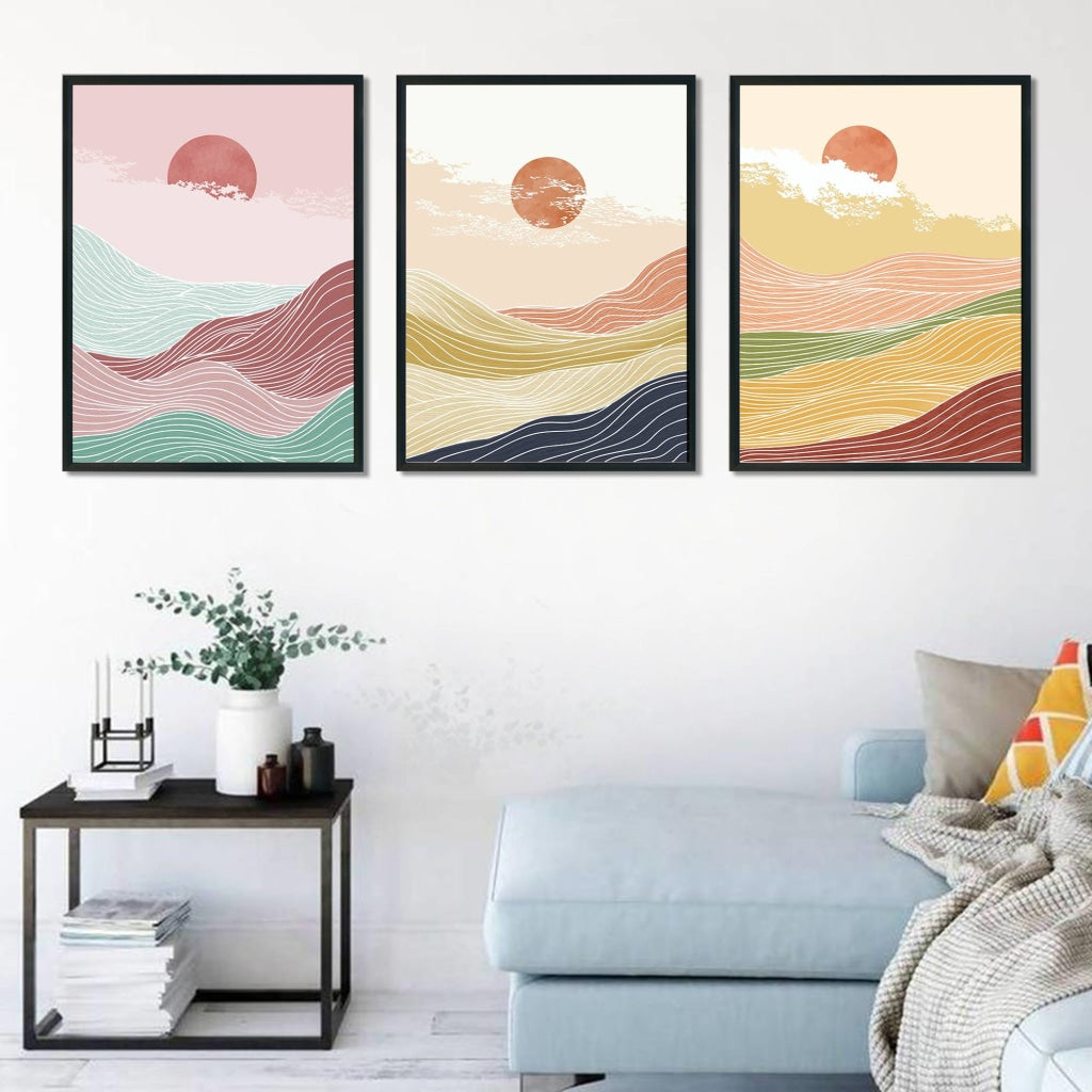 Wavy Strings - Minimal 3 Panels Art Frame For Wall Decor- Funkydecors Xs / Black Posters Prints &