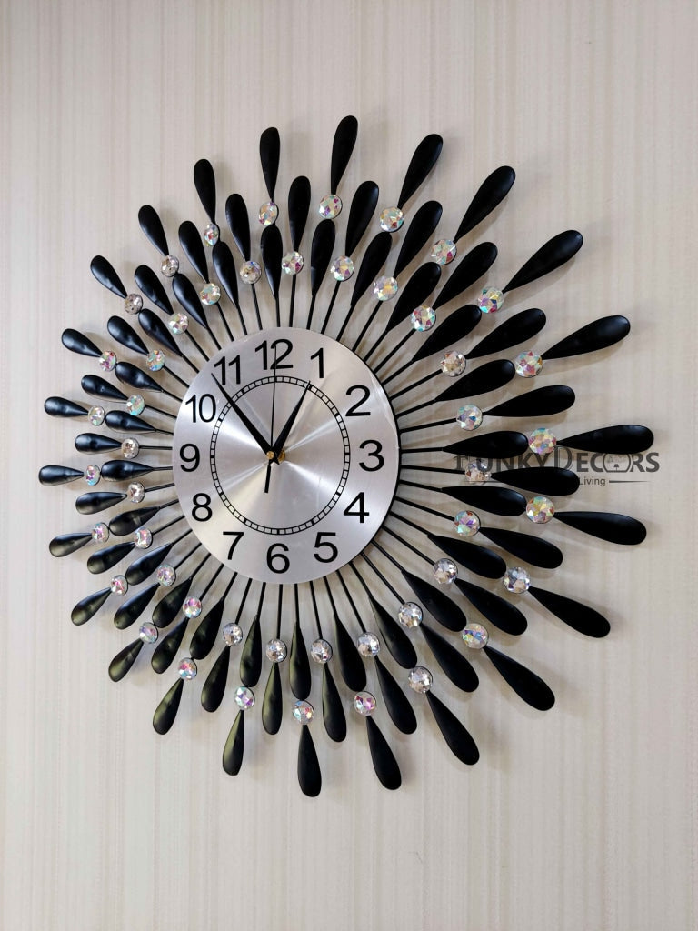 Funkytradition 3D Black Flower Wall Clock Watch Decor For Home Office And Gifts 62 Cm Tall Clocks
