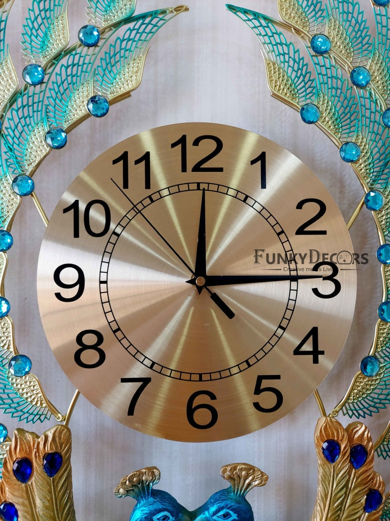 FunkyDecors 3D Dual Peacock Feather Open Wall Clock Watch Decor For Home Office And Gifts 50 Cm