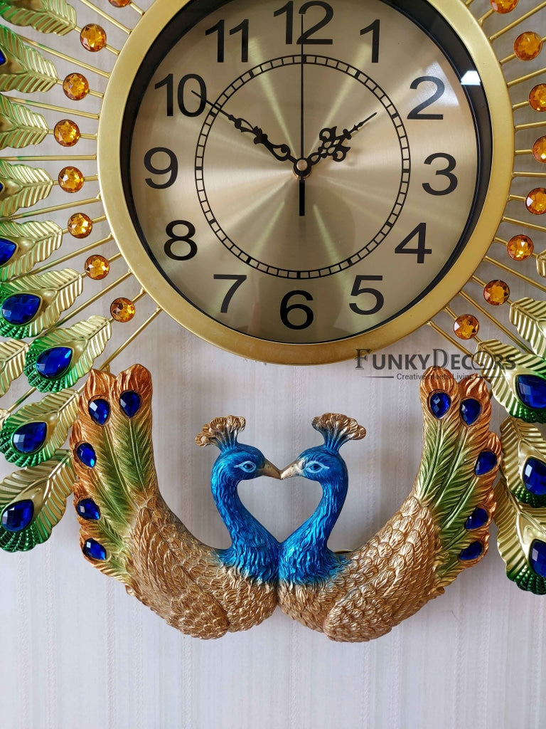 FunkyDecors 3D Dual Peacock Feather Open Wall Clock Watch Decor For Home Office And Gifts 65 Cm