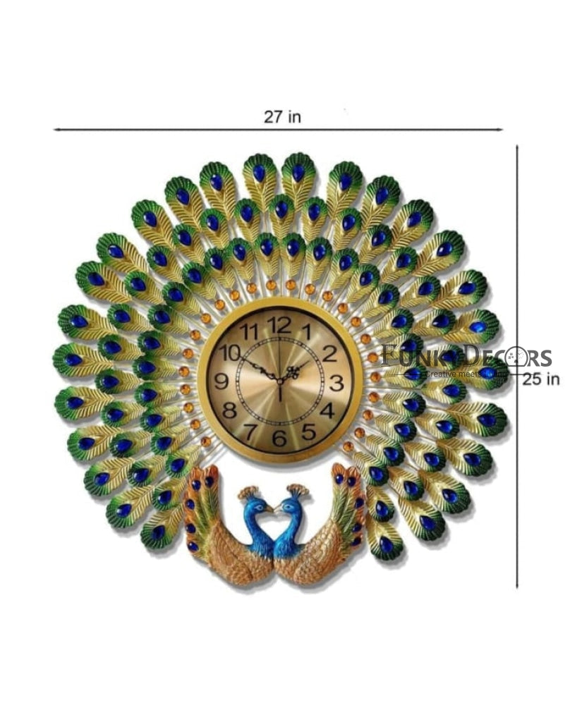 FunkyDecors 3D Dual Peacock Feather Open Wall Clock Watch Decor For Home Office And Gifts 65 Cm
