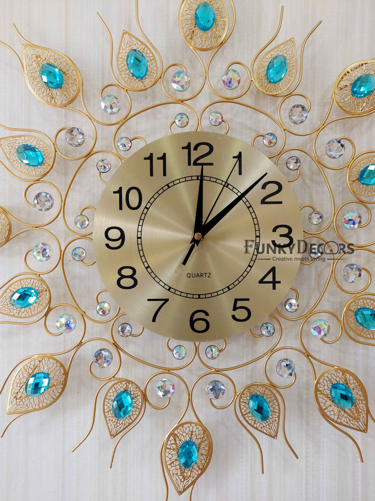 Funkytradition 3D Golden Blue Flower Diamond Studded Wall Clock Watch Decor For Home Office And