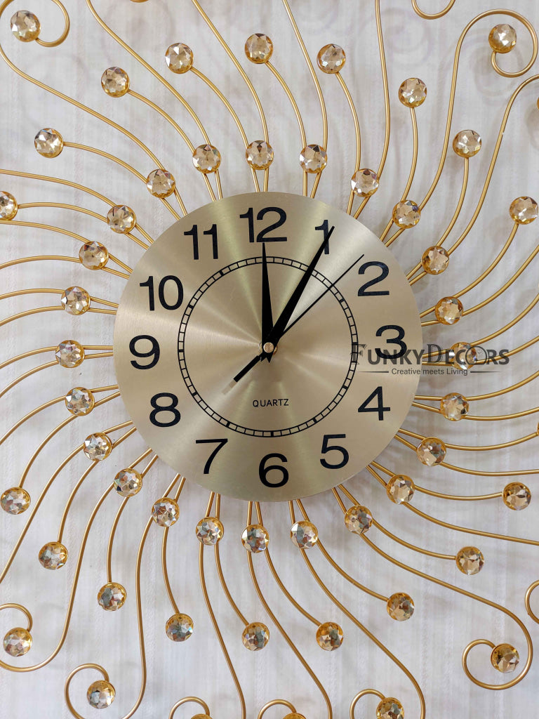 Funkytradition 3D Golden Flower Design Diamond Studded Wall Clock Watch Decor For Home Office And