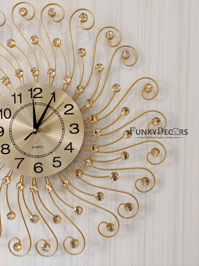 FunkyDecors 3D Golden Flower Design Diamond Studded Wall Clock Watch Decor For Home Office And