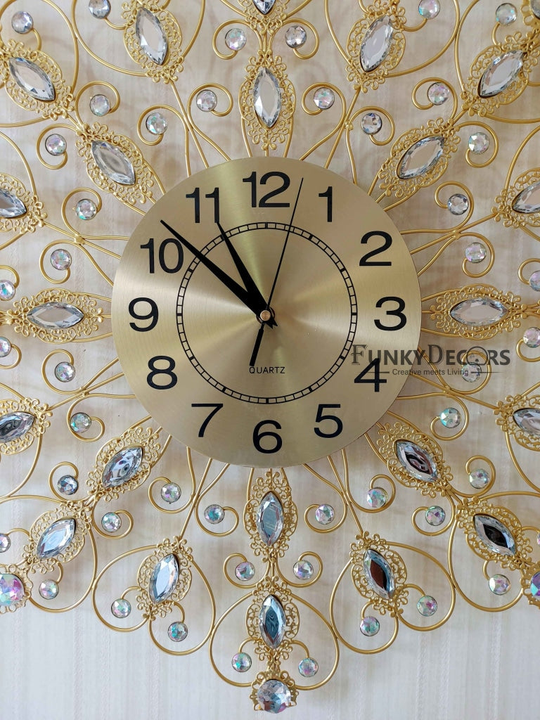 Funkytradition 3D Golden Flower Diamond Studded Wall Clock Watch Decor For Home Office And Gifts 62