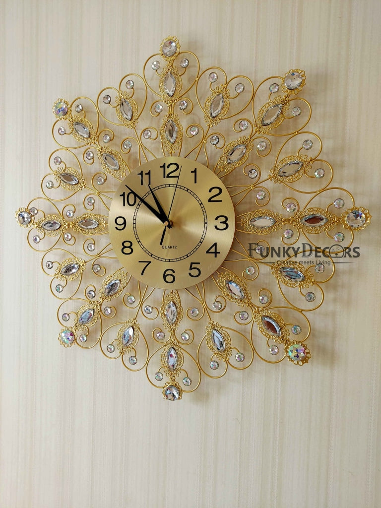 Funkytradition 3D Golden Flower Diamond Studded Wall Clock Watch Decor For Home Office And Gifts 62