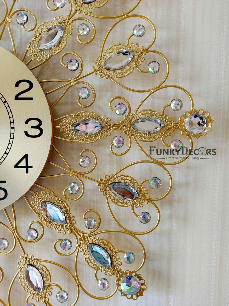 Funkytradition 3D Golden Flower Diamond Studded Wall Clock Watch Decor For Home Office And Gifts 62