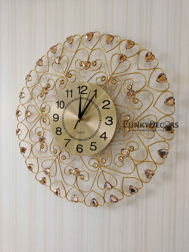 FunkyDecors 3D Golden Flower Hearts Diamond Studded Wall Clock Watch Decor For Home Office And