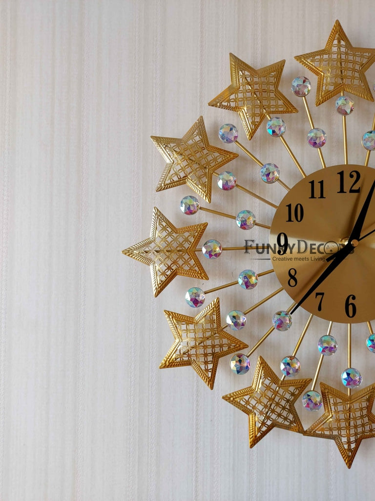 FunkyDecors 3D Golden Star Pallets Diamond Studded Wall Clock Watch Decor For Home Office And
