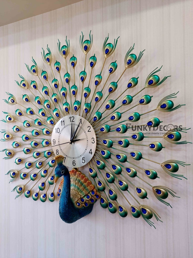 Funkytradition 3D Multicolor Peacock Feather Open Wall Clock Watch Decor For Home Office And Gifts