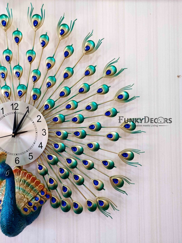 Funkytradition 3D Multicolor Peacock Feather Open Wall Clock Watch Decor For Home Office And Gifts
