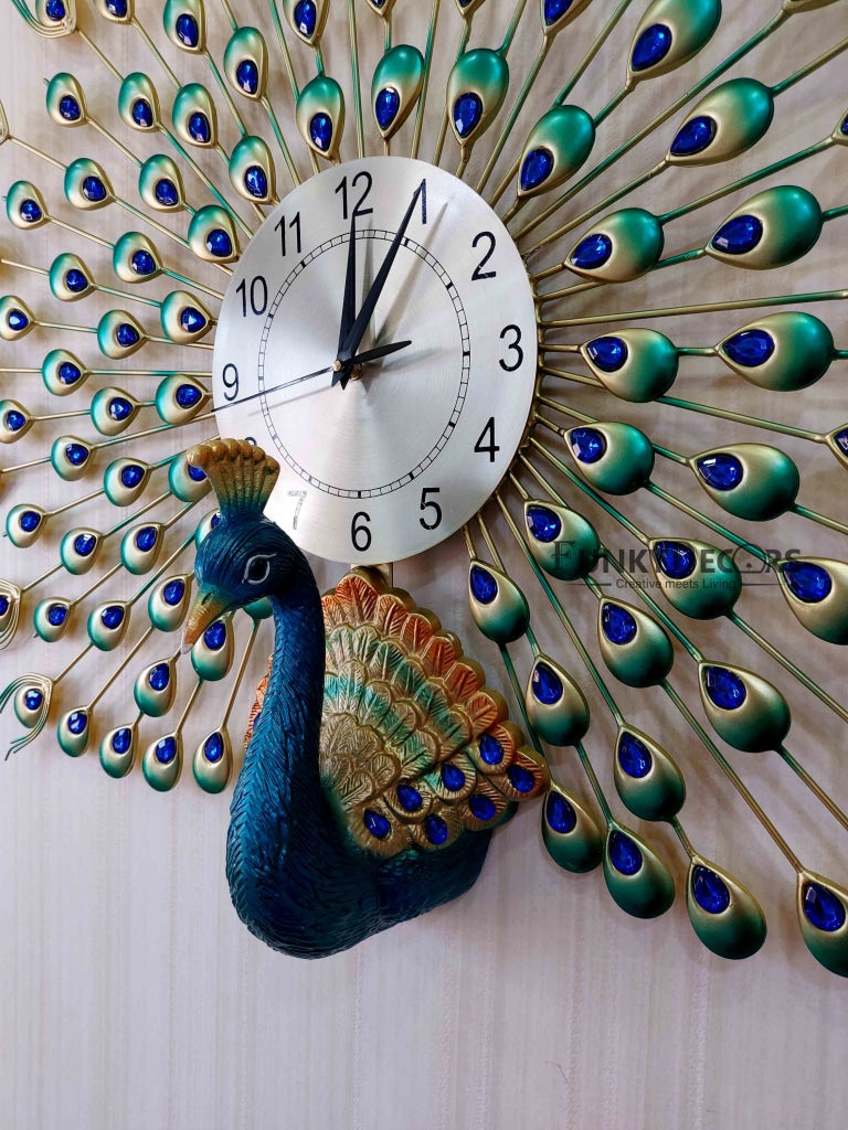 Funkytradition 3D Multicolor Peacock Feather Open Wall Clock Watch Decor For Home Office And Gifts