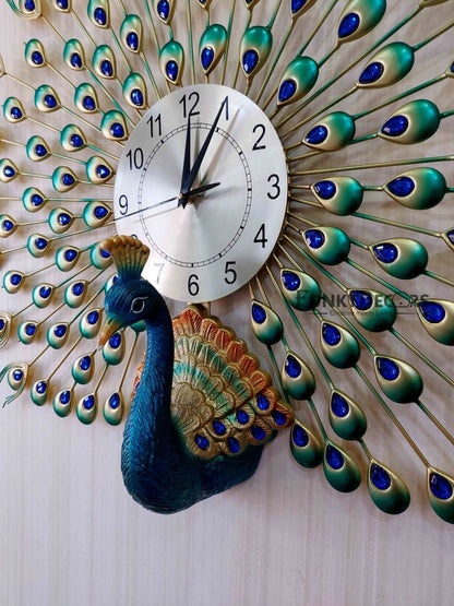 Funkytradition 3D Multicolor Peacock Feather Open Wall Clock Watch Decor For Home Office And Gifts