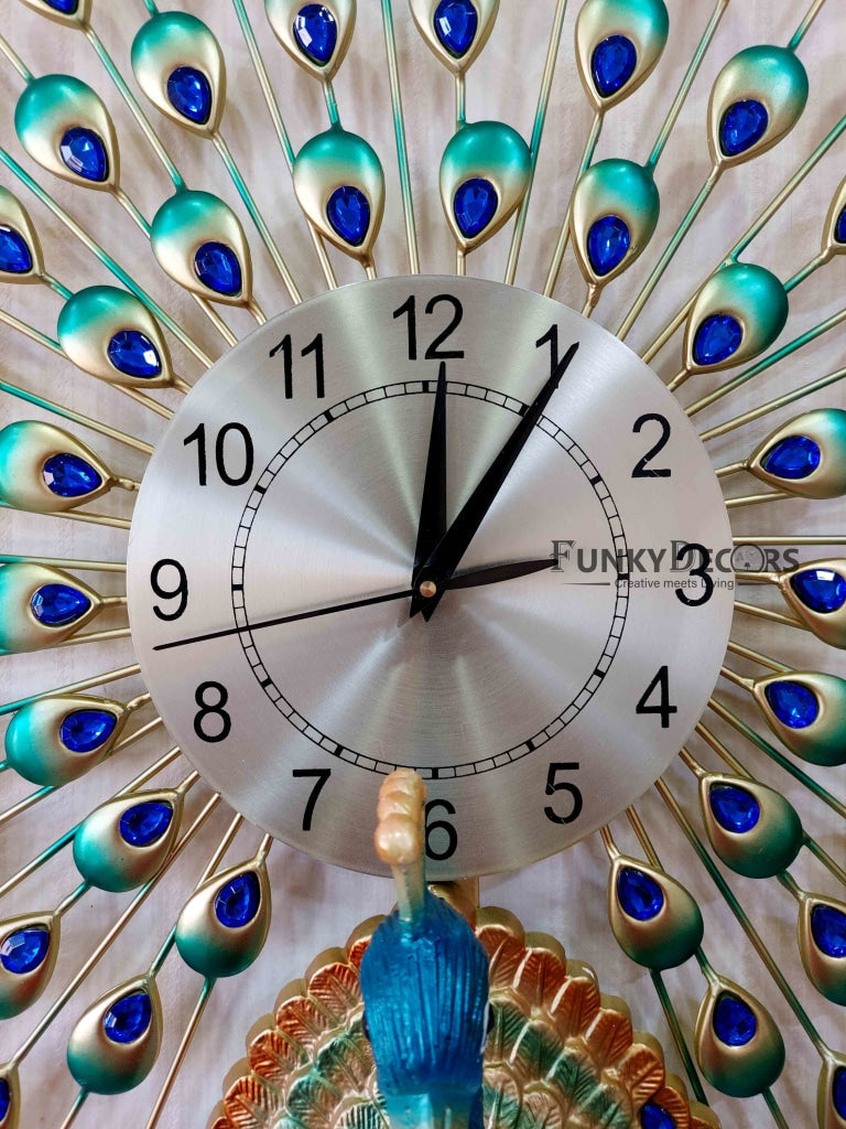Funkytradition 3D Multicolor Peacock Feather Open Wall Clock Watch Decor For Home Office And Gifts