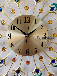 Funkytradition 3D Multicolor Peacock Feather Pallets Diamond Studded Wall Clock Watch Decor For Home