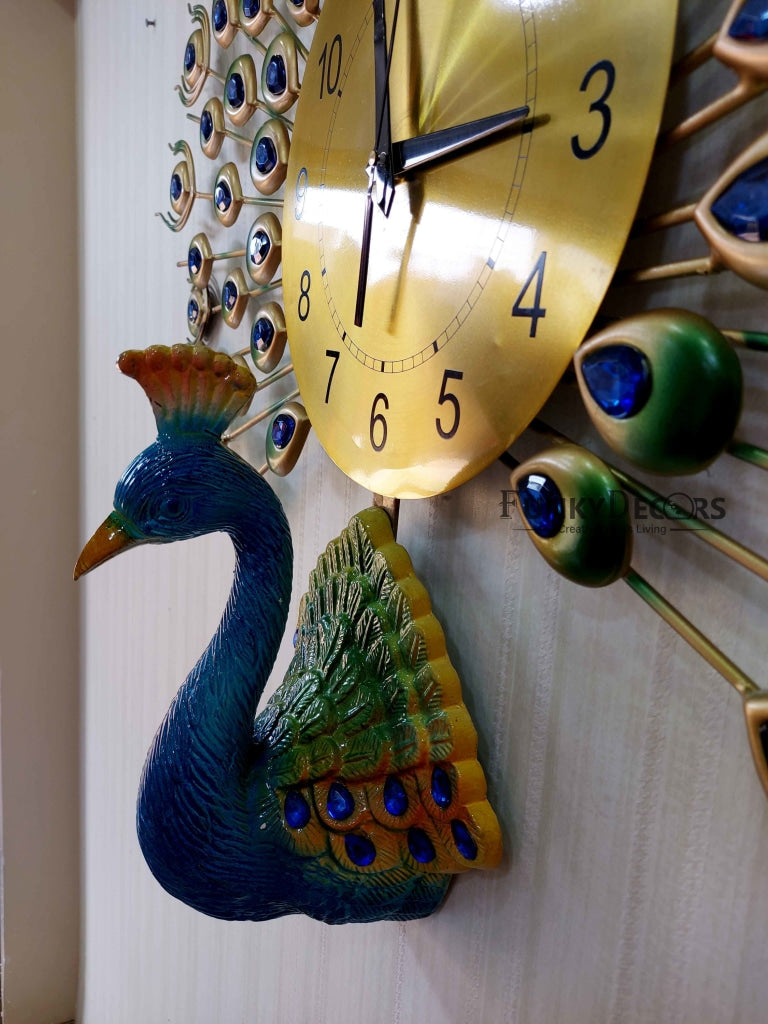 FunkyDecors 3D Peacock Feather Open Wall Clock Watch Decor For Home Office And Gifts 80 Cm Tall