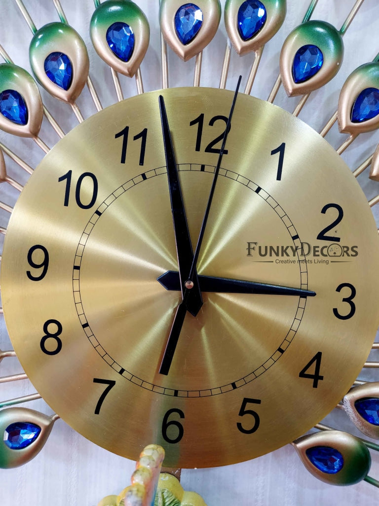 FunkyDecors 3D Peacock Feather Open Wall Clock Watch Decor For Home Office And Gifts 80 Cm Tall
