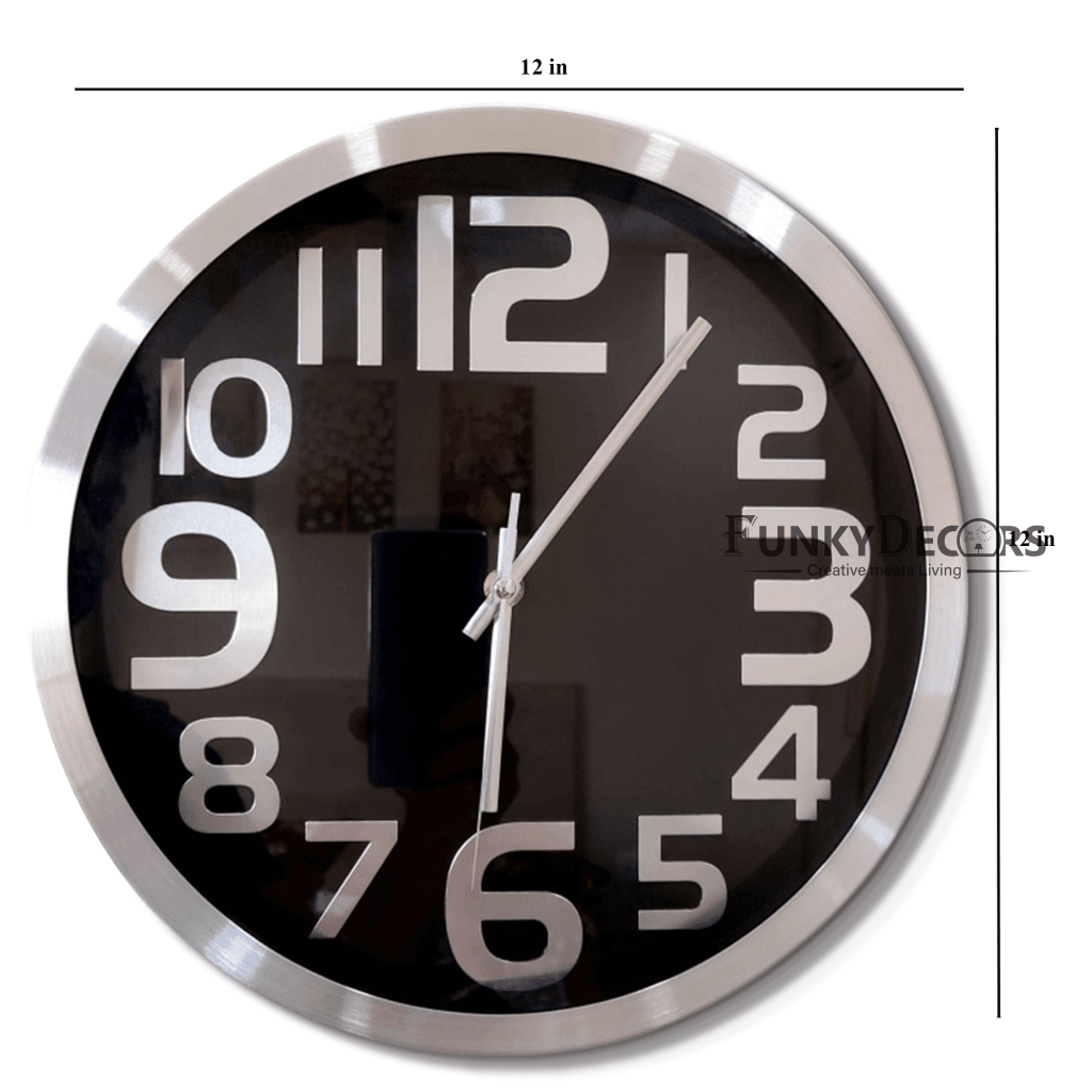 FunkyDecors Big Font Silver Black Minimal Wall Clock Watch Decor For Home Office And Gifts 30 Cm