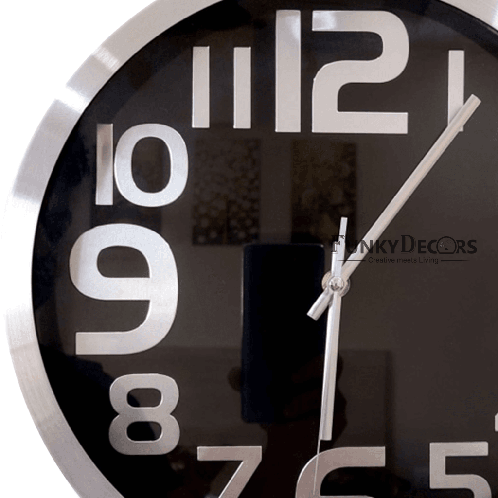FunkyDecors Big Font Silver Black Minimal Wall Clock Watch Decor For Home Office And Gifts 30 Cm