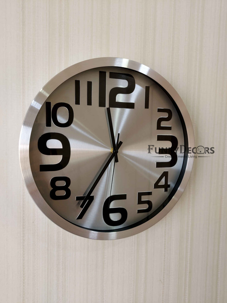 Funkytradition Big Font Silver Minimal Wall Clock Watch Decor For Home Office And Gifts 30 Cm Tall