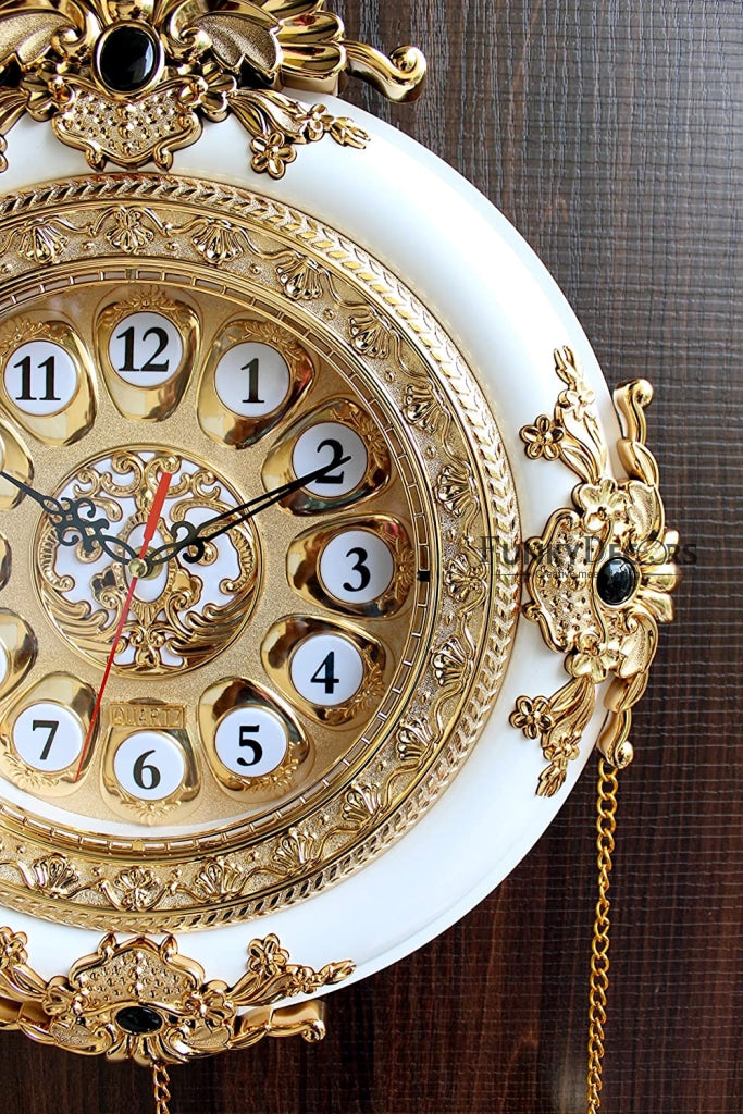 FunkyDecors Big Royal Designer Gold Plated White Premium String Hanging Wall Clock For Home