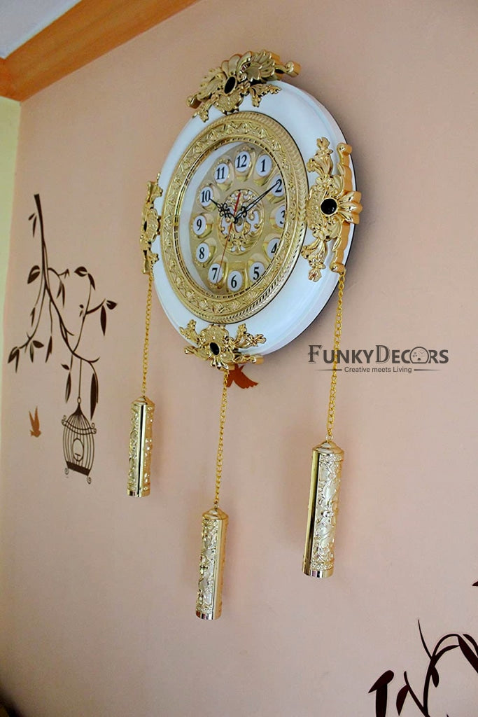FunkyDecors Big Royal Designer Gold Plated White Premium String Hanging Wall Clock For Home