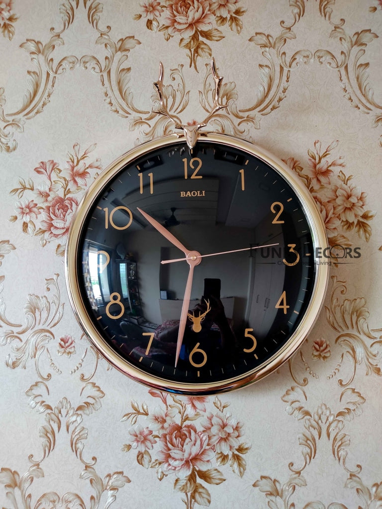 Funkytradition Black Golden Reindeer Wall Clock Watch Decor For Home Office And Gifts 35 Cm Tall