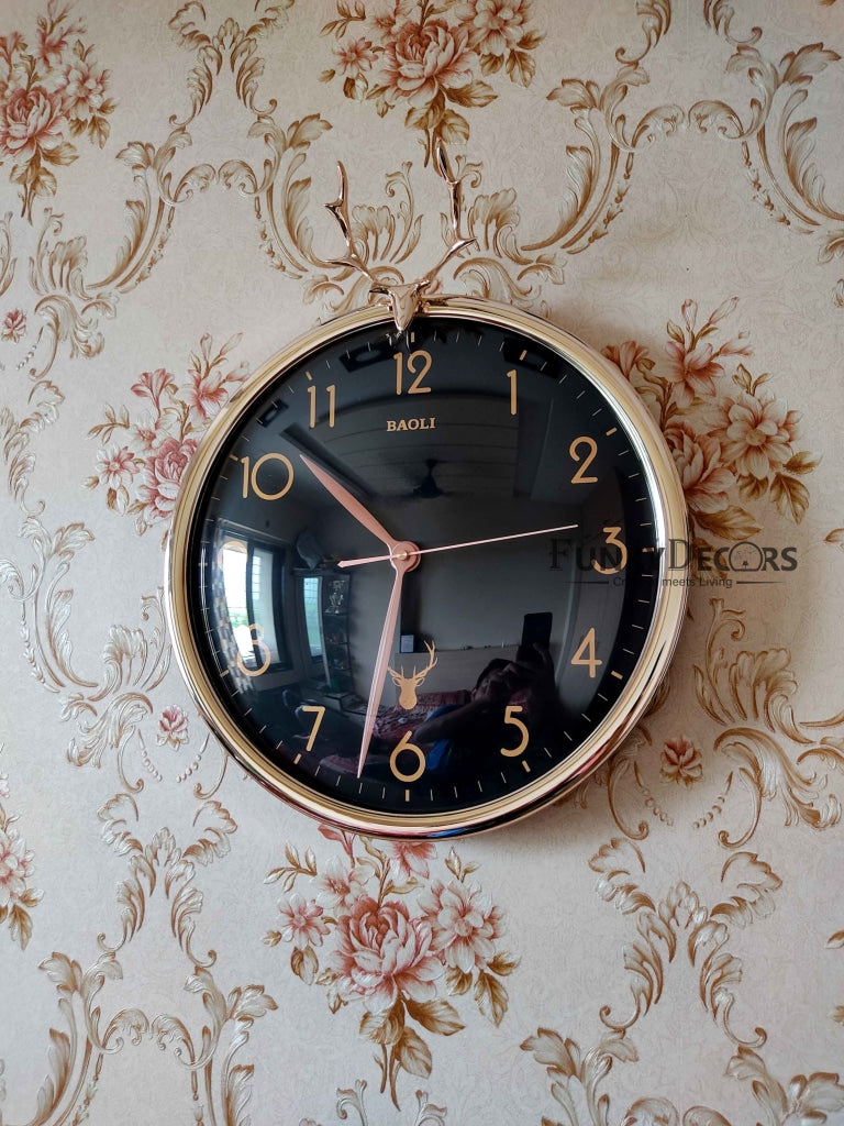 Funkytradition Black Golden Reindeer Wall Clock Watch Decor For Home Office And Gifts 35 Cm Tall
