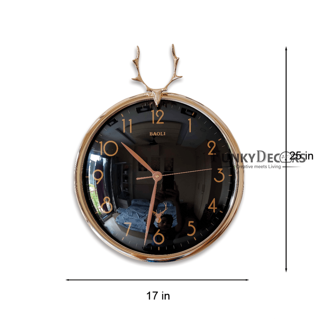 Funkytradition Black Golden Reindeer Wall Clock Watch Decor For Home Office And Gifts 35 Cm Tall