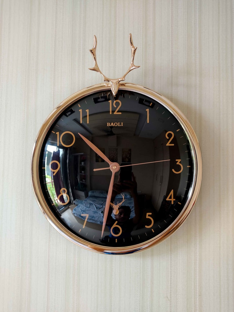 Funkytradition Black Golden Reindeer Wall Clock Watch Decor For Home Office And Gifts 35 Cm Tall