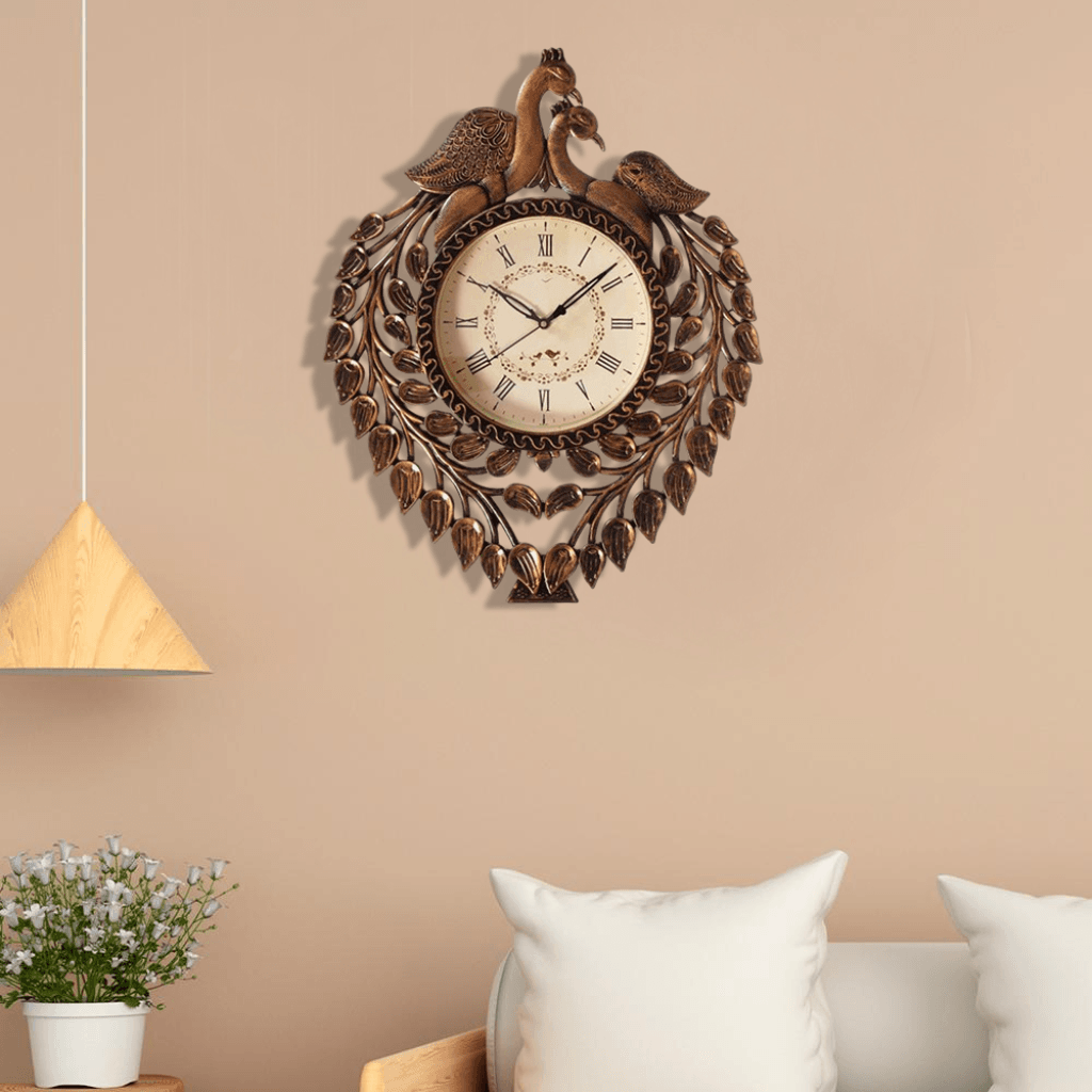 FunkyTradition Brown Beautiful Peacock Wall Clock, Wall Watch, Wall Decor for Home Office Decor and Gifts 54 cm Tall